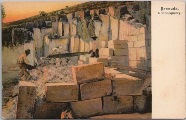 Vintage BERMUDA Greetings Postcard "A Stone Quarry" Mining Scene c1910s Unused