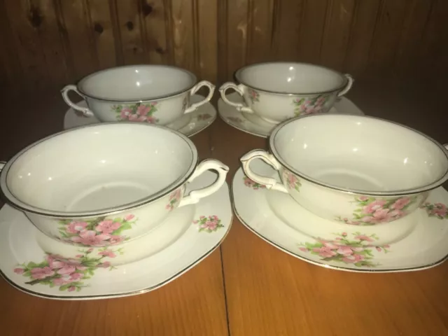 James Kent Apple Blossom 4 sets cream soup cups & underplates