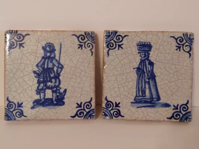 2 ANTIQUE DELFT BLUE WHITE 17th CENTURY DUTCH HOLLAND TILE FIGURAL TILES 1650s !