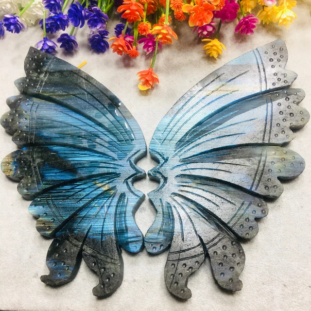 A pair of Natural Labradorite Hand Carved wing Quartz Feather Crystal Healing