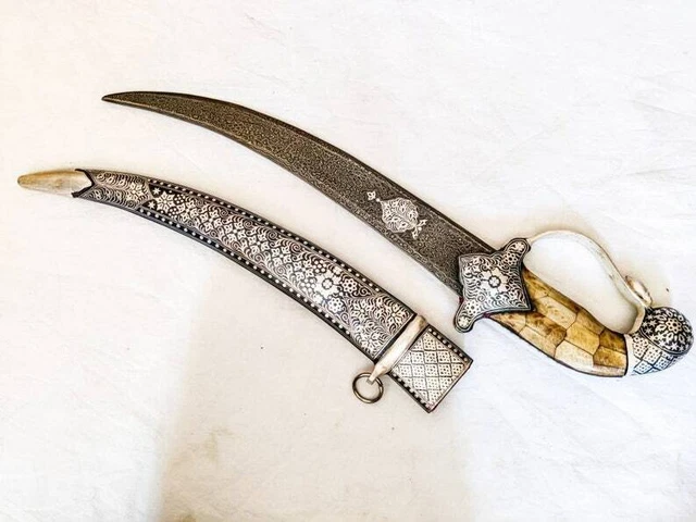 Handcrafted Short Sword with Silver inlay Koftgari Handmade Vintage With sheath