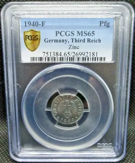 *None higher* PCGS MS65 1940-F 1 Pfennig Pfg Nazi Germany, Third Reich J.369 WW2