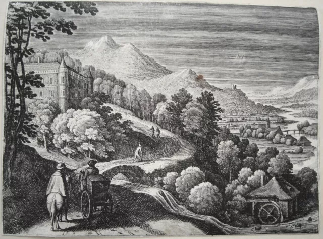 Matthäus Merian Kupferstich Straße am Hang mit Reisewagen 1622 Jugendwerk 20