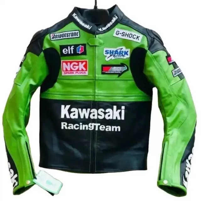 Men's Kawasaki Ninja Leather Motorcycle Cowhide Vintage Leather Racing Jacket