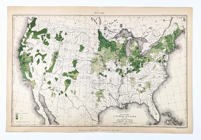 1880 United States Map Barley Farming Agriculture Wisconsin California Oregon
