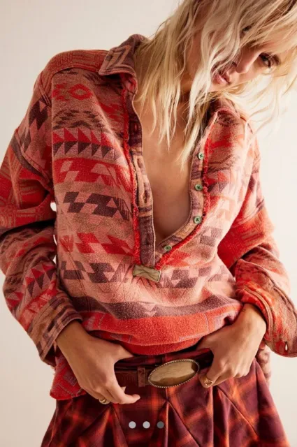Free People Arizona Sky Pullover Henley Graphic Slouchy Tiger Red Orange M NEW 3