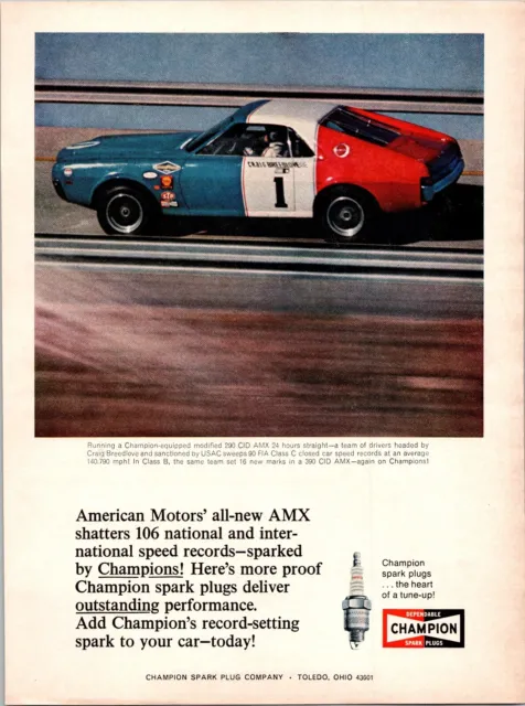 1968 68 AMC American Motors AMX Champion Spark Plugs car ad -Craig Breedlove AMX