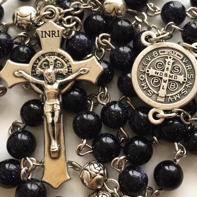 BLUE JADE PRAYER BEADS & SILVER ROSE BEADS ROSARY ITALY CROSS Catholic necklace