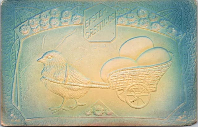 Easter Chick Pulling Egg Wagon Airbrush Embossed Daisy c1907 postcard NQ2