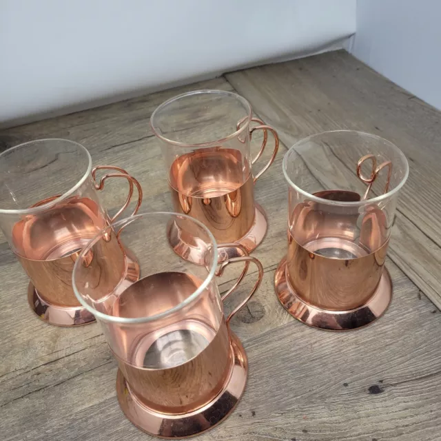 Set Of 4 Nespresso Coffee Glass Cups / Mugs With Copper Bottoms