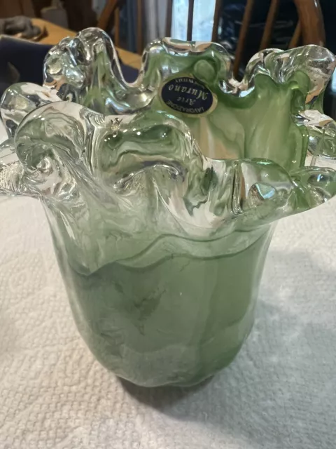 MURANO LAVORAZIONE ARTE, Vase, Glass Green Swirl, Ruffle Edge, 5”Tall ...