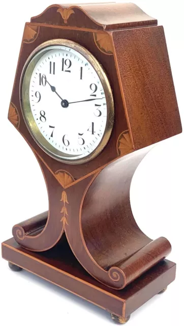 Solid Mahogany Tulip Cased Mantel Clock Satinwood Inlaid Decoration Antique 1900 2