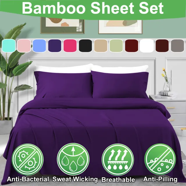 2000TC Organic Bamboo Cooling Sheet Set Flat Fitted Pillowcases Sets S/KS/D/Q/K