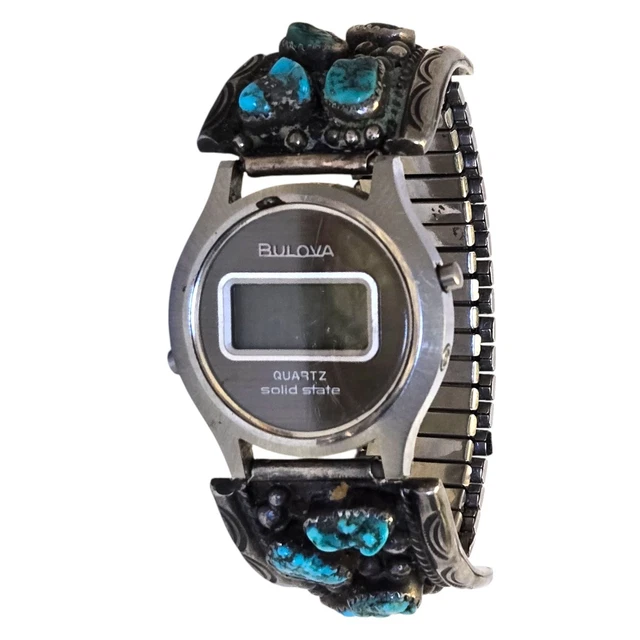 Montre Vintage Bulova LCD Pour Femme - Cadran Digital Bleu, Bracelet Cuir Noir - NOS (neuf Ancien Stock)