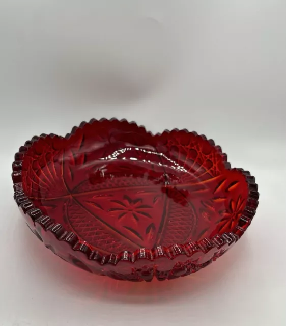 Vintage Red Cut Glass / Pressed Glass Bowl Heavy Saw Tooth Edge 8" Mcm