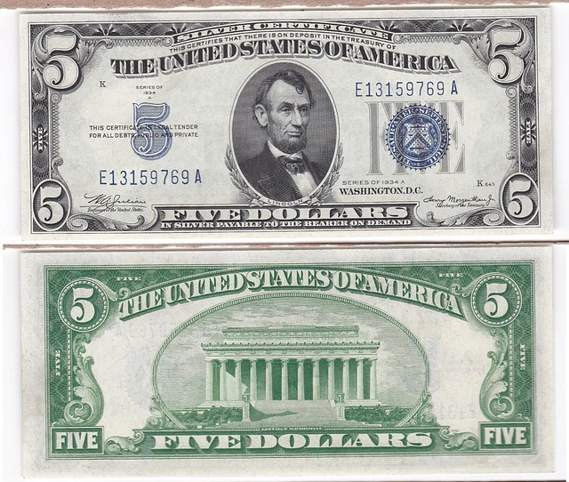 1934 A $5 Silver Certificate Mule Fr 1651m E-A Block Uncirculated #9769