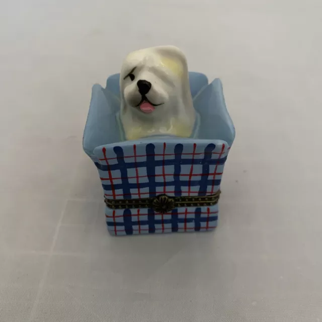 Vintage Ceramic Maltese?  Dog Puppy Hinged Trinket Box with Dog Biscuit