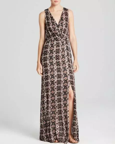 Ella Moss Black Print Joella Jersey S/L Maxi Dress $188 NWT L