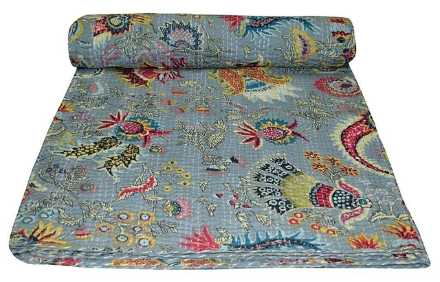 Funda de cama de algodón Kantha gris estampado Mukut colcha queen