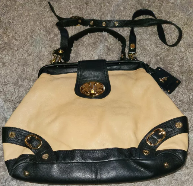 Emma Fox Newport Frame Tan Black Leather Satchel Large Handbag Purse