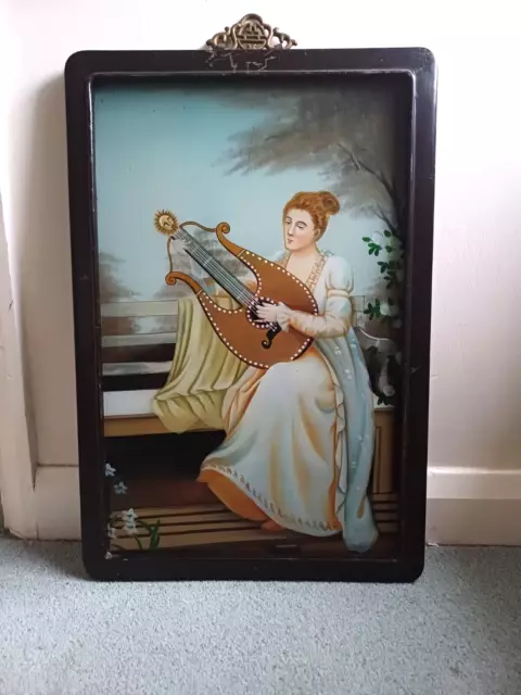 Mid 20th century Chinese export reverse glass painting of woman playing an harp