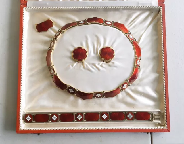 Antique Denmark VB Sterling Red Enamel Set In Box, Brac., Necklace, Earrings