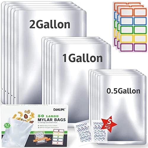 50 Mylar Bags 60x400CC Oxygen Absorbers for Food Storage Long Term 8.7 Mil Gallo