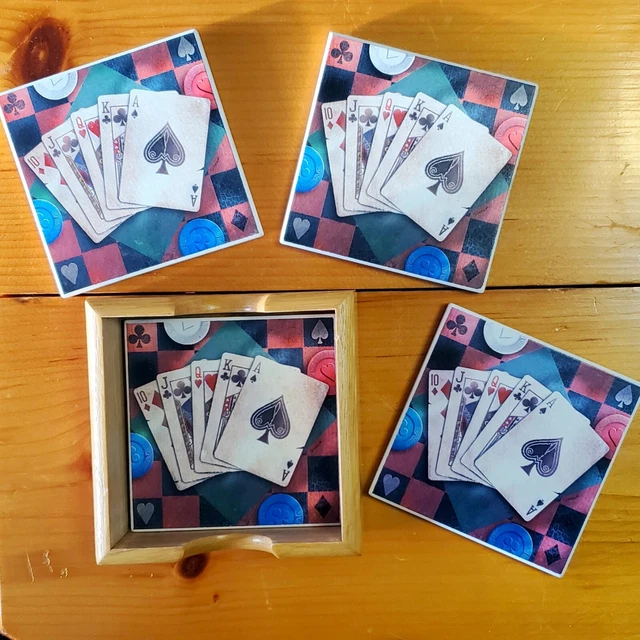 Stone Coasters Cork Back Poker Hand Playing Cards Games Absorbent Set of 4