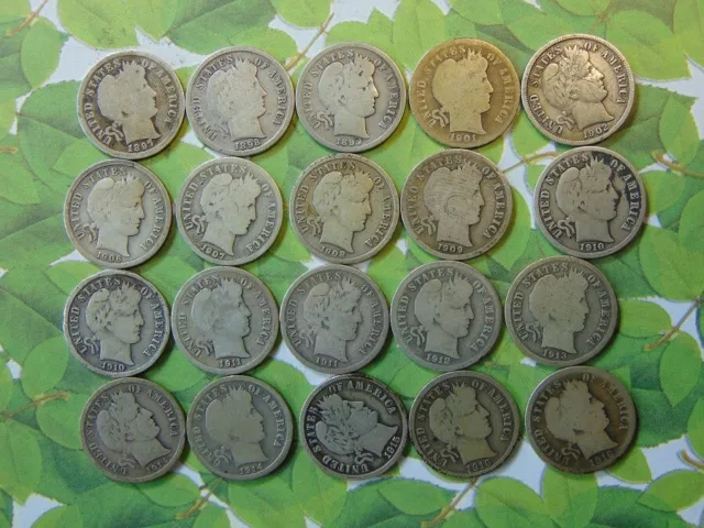 Collection Of 20 Different Date/Mint Silver Barber Dimes
