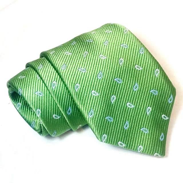 David Donahue Tie Repp Weave Paisley Leaf Green Spring Classic Italian Silk- USA