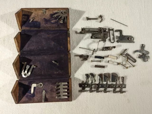 1889 Patent Antique Singer Sewing Machine Folding Wood Puzzle Box & Attachments