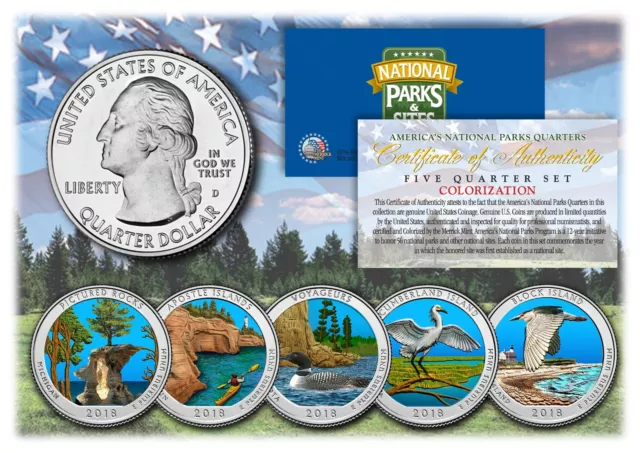 2018 America The Beautiful COLORIZED Quarters U.S. Parks 5-Coin Set w/ Capsules