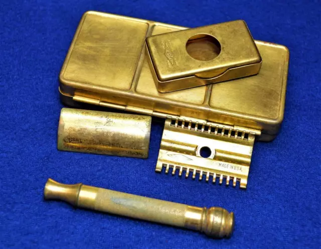 VTG 1930s? GILLETTE Gold ball end 3pc Safety Razor w 1920S box, blades case RARE 3