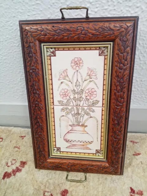 Vintage Carved wooden tray Floral Tiles  brass handles and Feet  99p no reserve