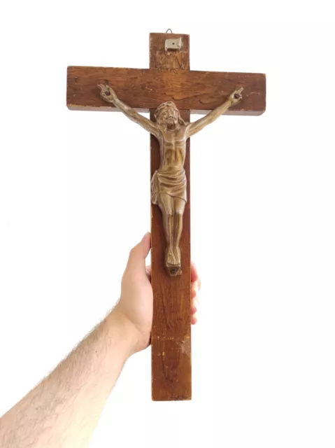 Crucifix Antique Wood Brass Cross Jesus Christ Wall French Inri Vintage