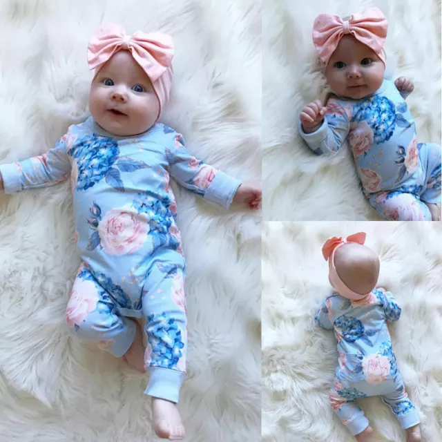 UK Blue Infant Baby Girl Floral Romper Bodysuit Jumpsuit+Headband Clothes Outfit