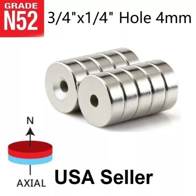 10 25 50 Countersunk Magnets 3/4" x1/4 " Hole 4mm Rare Earth Neodymium Disc