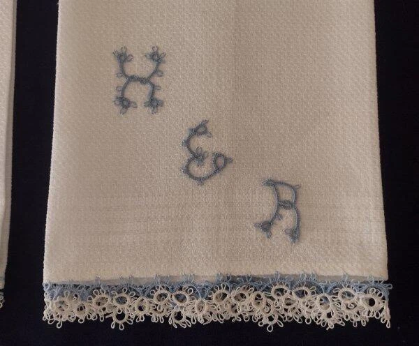 Vintage Set His Her Bath Hand Towels Tatted Lace Blue Ivory Pair