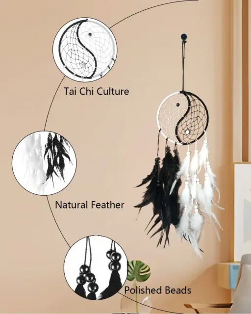 Wilkblck Dream Catcher Handmade Tai-Chi Dream Catcher Black Dream Catcher with F 3