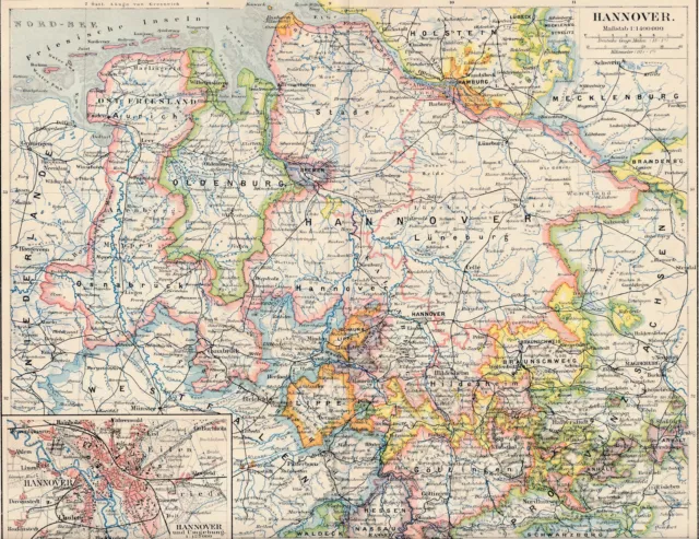 Original Historische grenzkolorierte Landkarte: Hannover