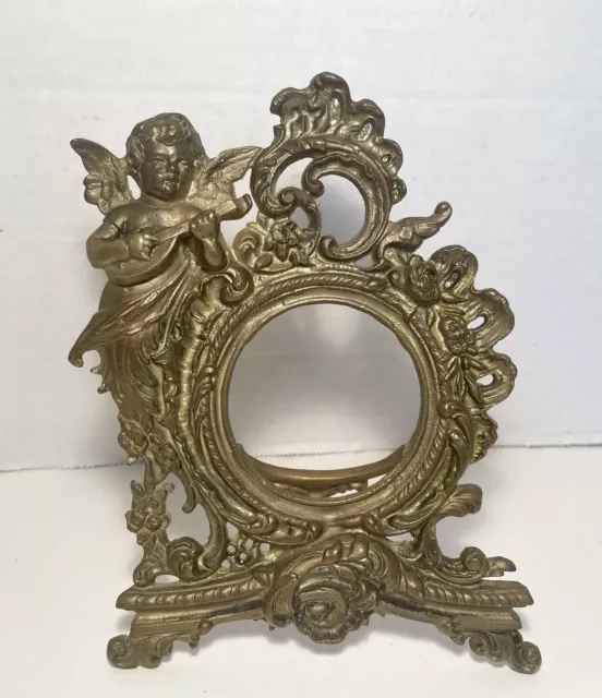 Vintage Miniature Ornate Brass Picture Frame Putti Cherub Angel Mandolin Roses