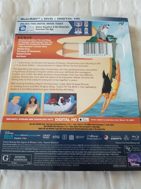 Pocahontas - Disney - Blu-Ray + DVD New Factory Sealed 2 Discs with Slipcover 2