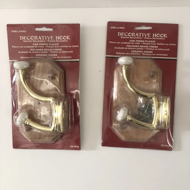 Set of 2 Vintage Oak Panel Porcelain Ball Knob Coat Door Wall Hanger NOS