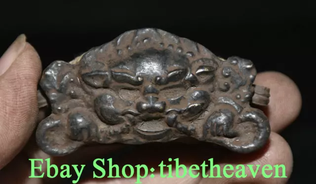 2.4" Old Tibetan Bronze Buddhism Mahakala Wrathful Deity Beast Shrines Gawu Box