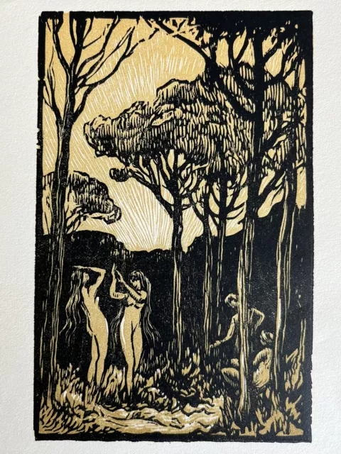 Gusman Stone Woodcut Woodcut Garden Pine Forest Nude Female Art Deco
