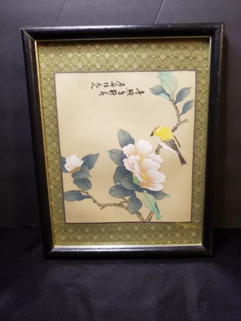 Asian Artist Signed Painting On Fabric Silk With Ribbon Trim Bird Flowers