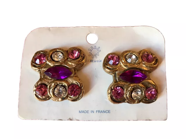 VINTAGE XL Boucles Oreilles CLIP Strass Doré Rose Style Micris 1980 1990 TTBE