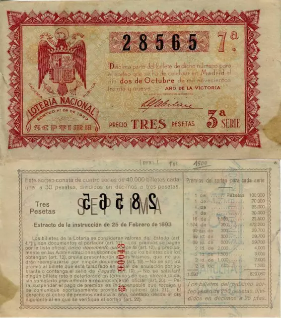 Año 1939. 3 Pts. Décima parte del billete. 2 de Octubre. Sorteo Nº 28.