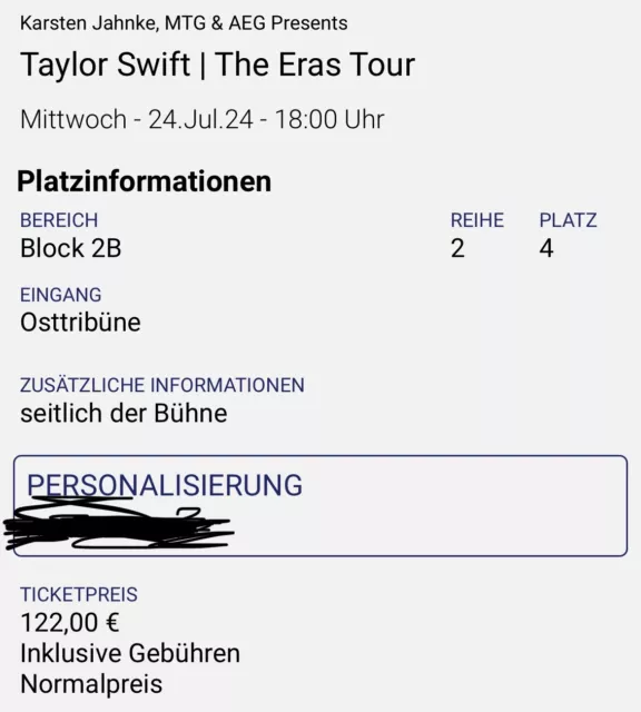 1X TAYLOR SWIFT The Eras Tour Ticket 24.07.2024 Hamburg Vorkaufsrecht Osttribüne EUR 50,00