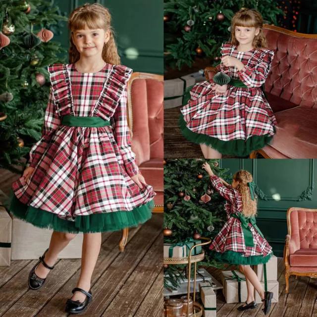 Toddler Girls Christmas Long Sleeve Plaid Prints Princess Dress Xmas Party